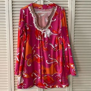 Joyous & Free vibrant Pink-Red-Orange- White Embellished Tunic Size Large